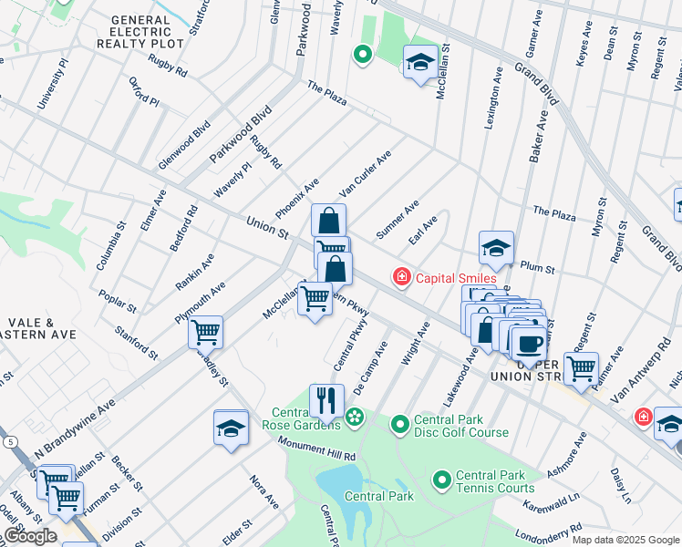 map of restaurants, bars, coffee shops, grocery stores, and more near 1637 Eastern Parkway in Schenectady