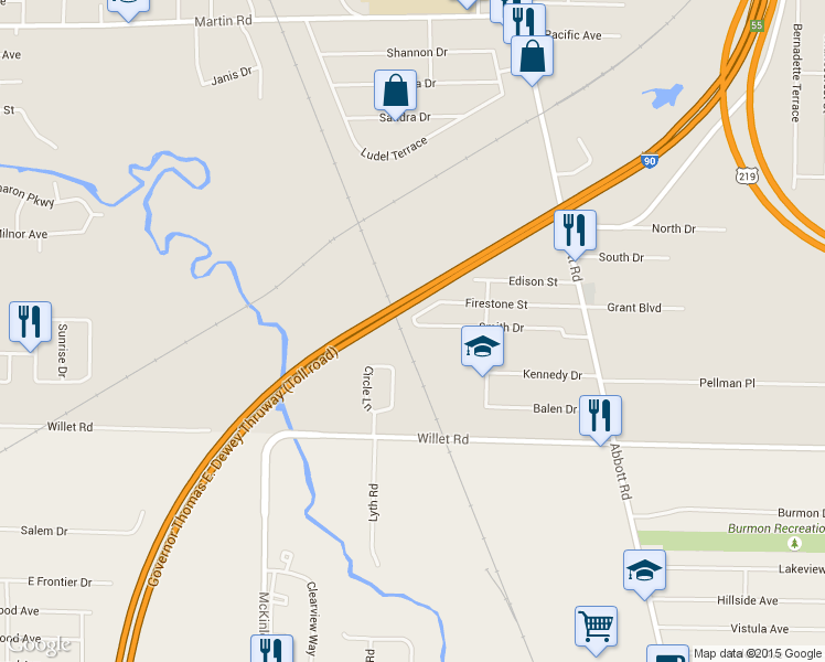 map of restaurants, bars, coffee shops, grocery stores, and more near 98 Circle Lane in Buffalo