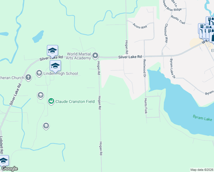 map of restaurants, bars, coffee shops, grocery stores, and more near 15127 Hogan Road in Linden