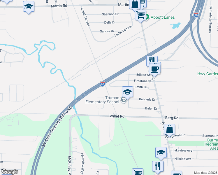 map of restaurants, bars, coffee shops, grocery stores, and more near 98 Circle Lane in Buffalo
