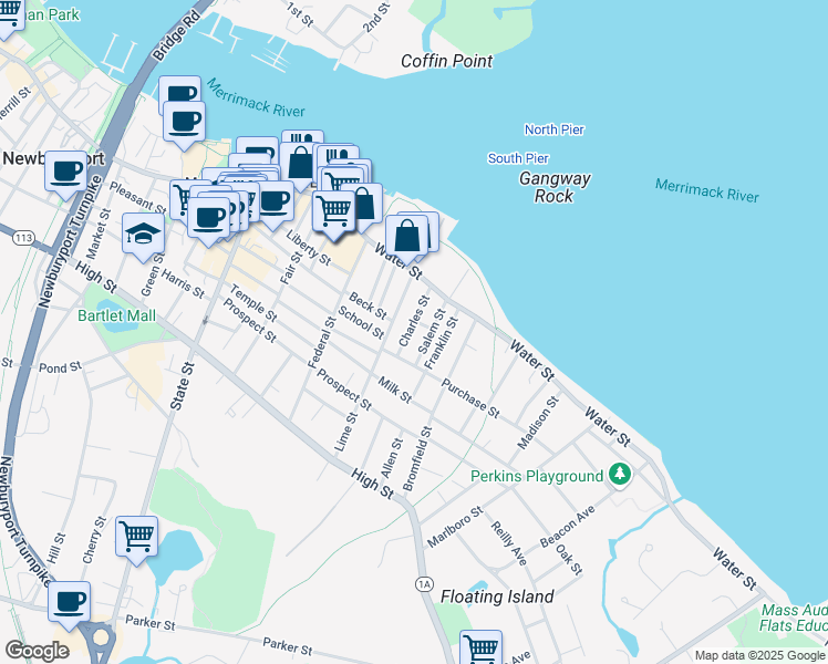 map of restaurants, bars, coffee shops, grocery stores, and more near 7 Charles Street in Newburyport