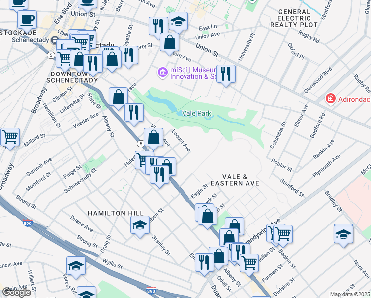 map of restaurants, bars, coffee shops, grocery stores, and more near 824 Locust Avenue in Schenectady