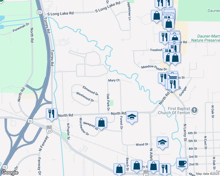 map of restaurants, bars, coffee shops, grocery stores, and more near 812 Oak Park Drive in Fenton