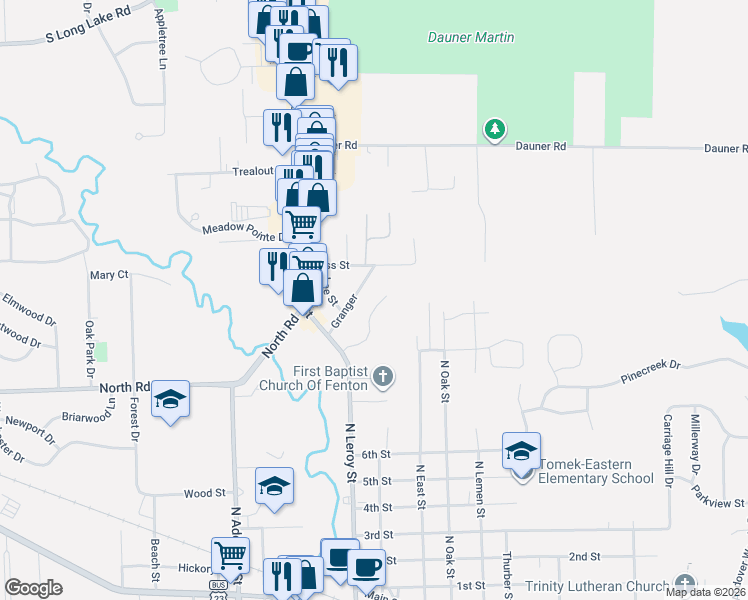 map of restaurants, bars, coffee shops, grocery stores, and more near 1191 Whispering Pines Drive in Fenton