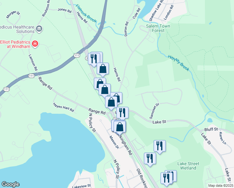 map of restaurants, bars, coffee shops, grocery stores, and more near 18 Shadow Lake Road in Salem