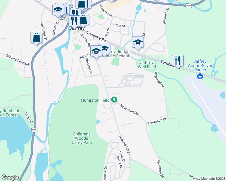 map of restaurants, bars, coffee shops, grocery stores, and more near 18 Forcier Way in Jaffrey
