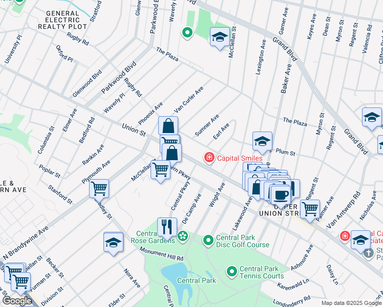 map of restaurants, bars, coffee shops, grocery stores, and more near 1530 Union Street in Schenectady