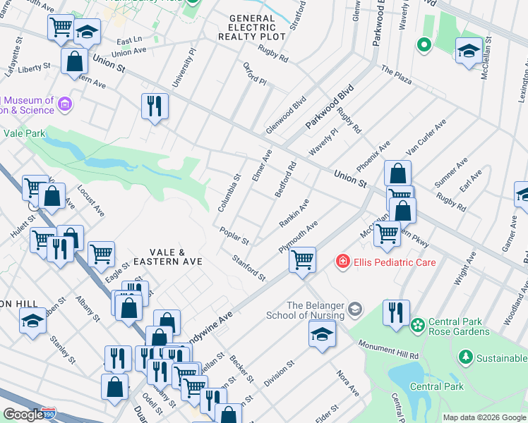 map of restaurants, bars, coffee shops, grocery stores, and more near 527 Bedford Road in Schenectady