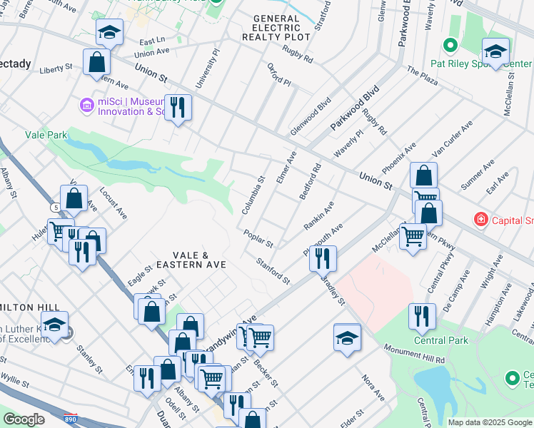 map of restaurants, bars, coffee shops, grocery stores, and more near 153 Elmer Avenue in Schenectady