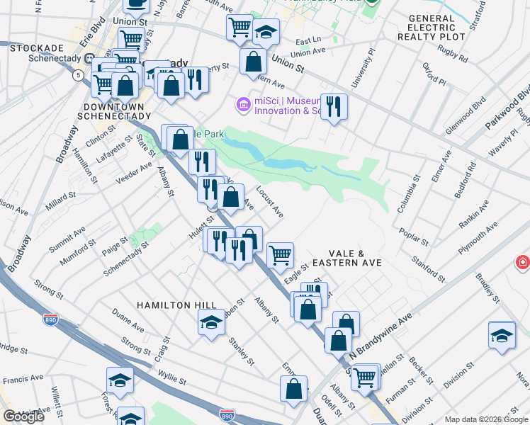 map of restaurants, bars, coffee shops, grocery stores, and more near 17 Catherine Street in Schenectady