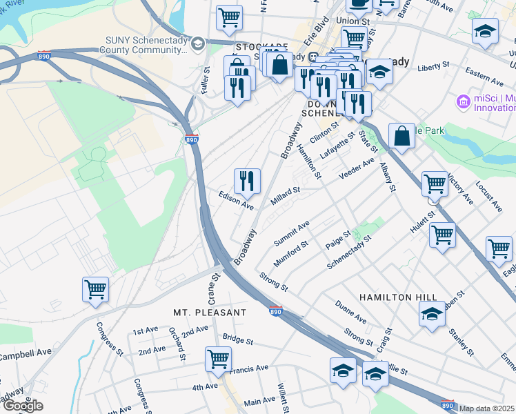 map of restaurants, bars, coffee shops, grocery stores, and more near 196 Veeder Avenue in Schenectady
