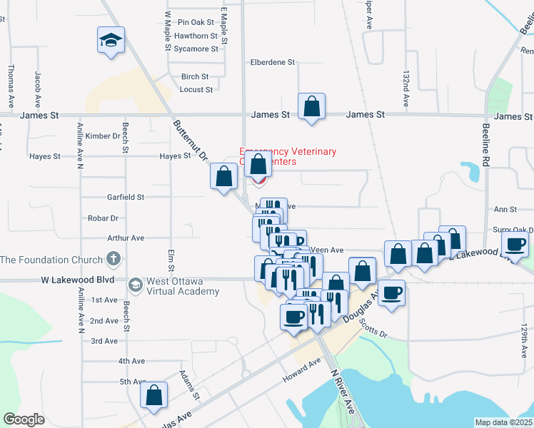 map of restaurants, bars, coffee shops, grocery stores, and more near 329 North River Avenue in Holland