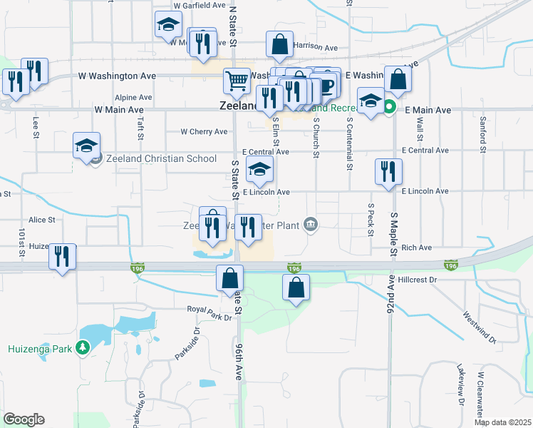 map of restaurants, bars, coffee shops, grocery stores, and more near 60 East Lincoln Avenue in Zeeland