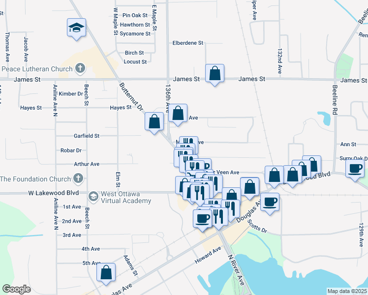 map of restaurants, bars, coffee shops, grocery stores, and more near 329 North River Avenue in Holland