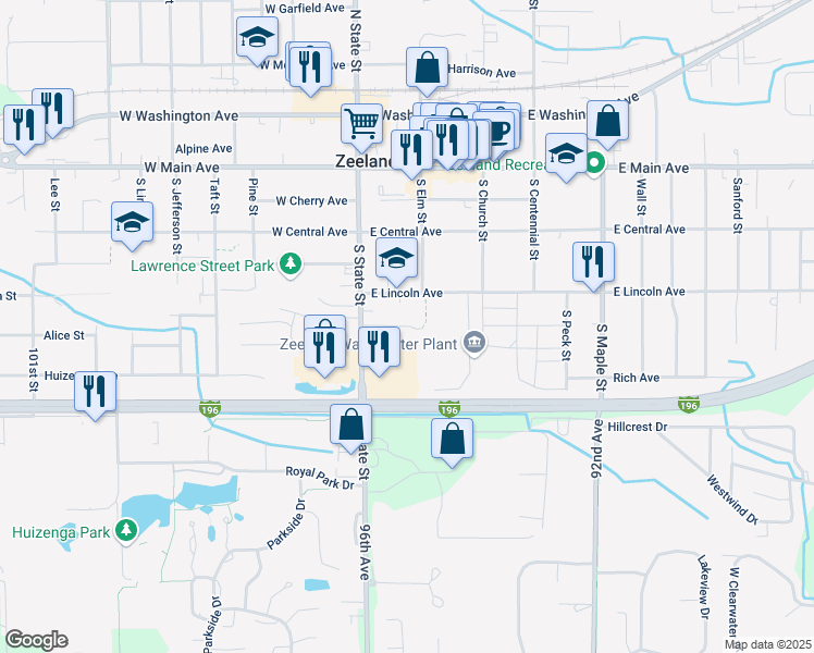 map of restaurants, bars, coffee shops, grocery stores, and more near 60 East Lincoln Avenue in Zeeland