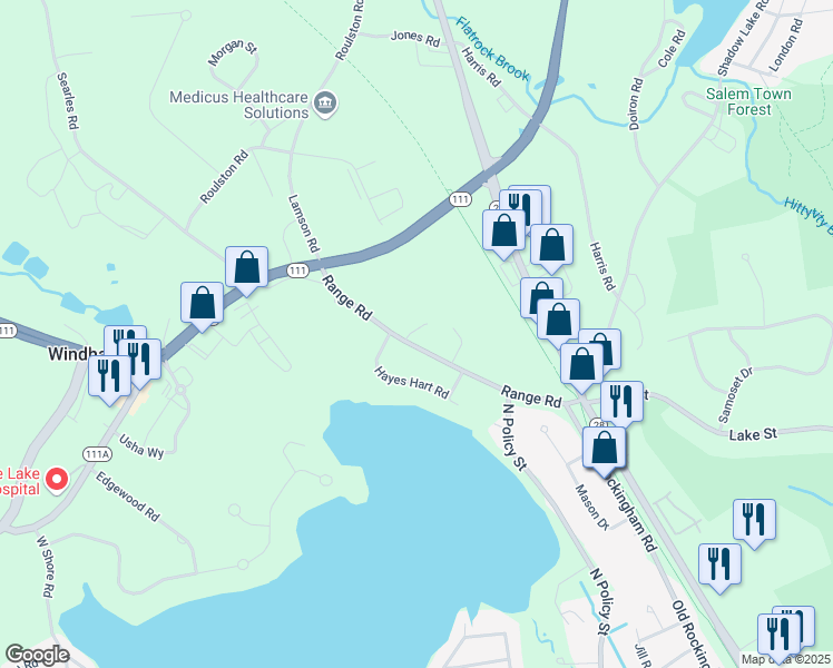map of restaurants, bars, coffee shops, grocery stores, and more near 24 Range Road in Windham