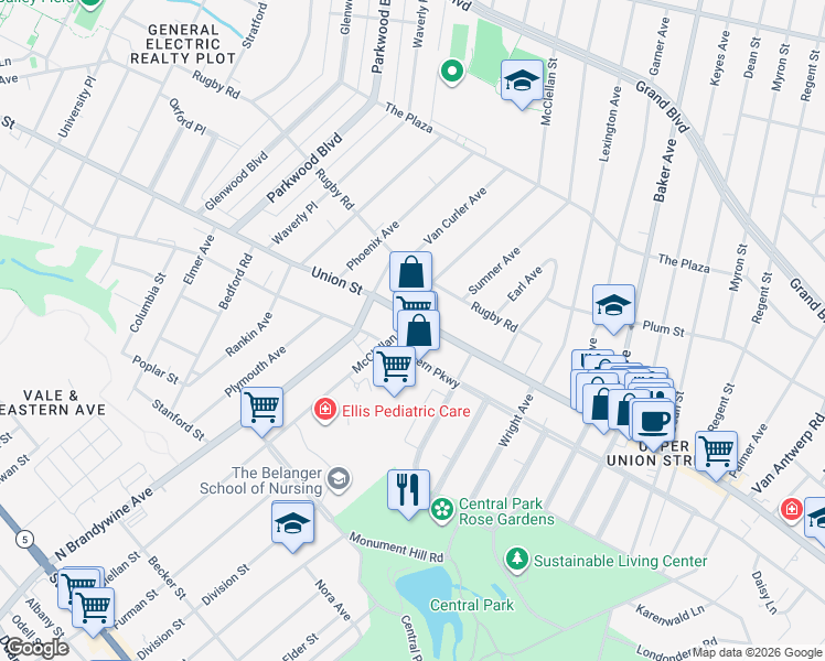 map of restaurants, bars, coffee shops, grocery stores, and more near 1021 Mc Clellan Street in Schenectady
