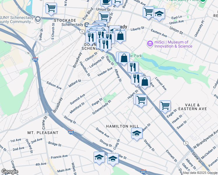 map of restaurants, bars, coffee shops, grocery stores, and more near 327 Georgetta Dix Plaza in Schenectady