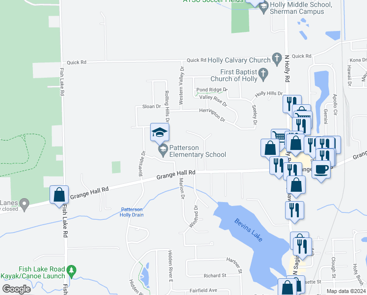 map of restaurants, bars, coffee shops, grocery stores, and more near 3305 Grange Hall Road in Holly