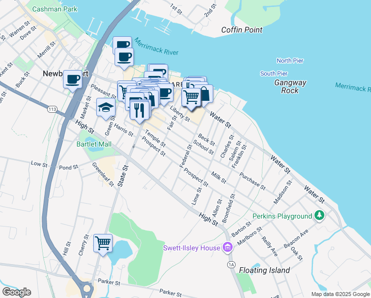 map of restaurants, bars, coffee shops, grocery stores, and more near 12 Spring Street in Newburyport