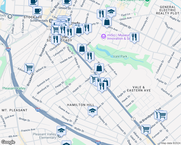 map of restaurants, bars, coffee shops, grocery stores, and more near 2 Grove Place in Schenectady