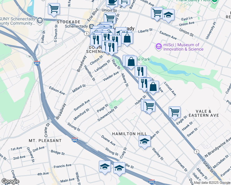 map of restaurants, bars, coffee shops, grocery stores, and more near 327 Georgetta Dix Plaza in Schenectady