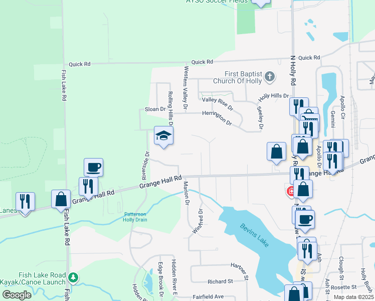 map of restaurants, bars, coffee shops, grocery stores, and more near 15246 Weller Court in Holly