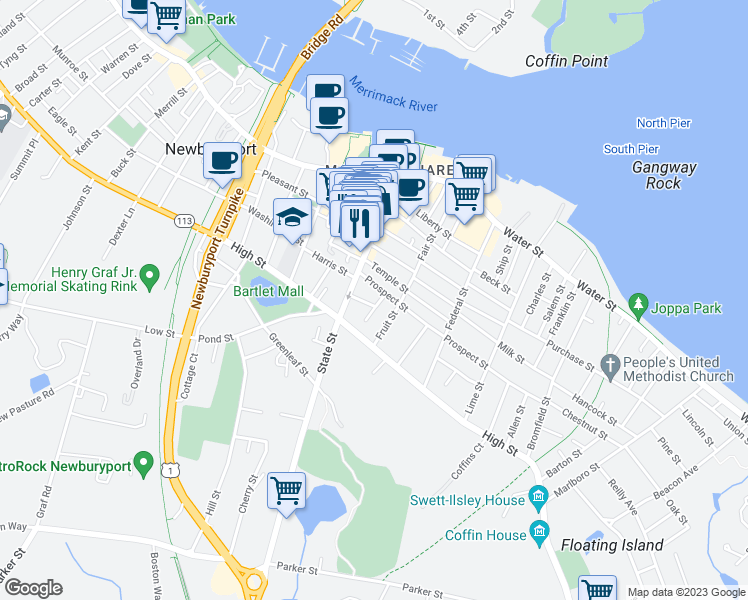 map of restaurants, bars, coffee shops, grocery stores, and more near 5 Prospect Street in Newburyport