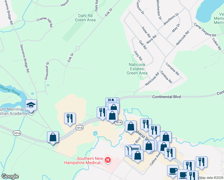 map of restaurants, bars, coffee shops, grocery stores, and more near 227 Naticook Road in Merrimack