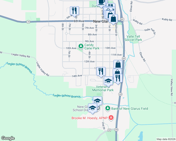 map of restaurants, bars, coffee shops, grocery stores, and more near 1212 5th Street in New Glarus