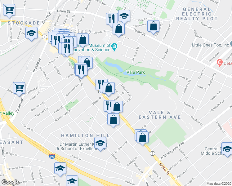 map of restaurants, bars, coffee shops, grocery stores, and more near 219 Victory Avenue in Schenectady