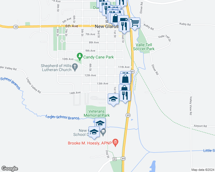 map of restaurants, bars, coffee shops, grocery stores, and more near 1213 2nd Street in New Glarus