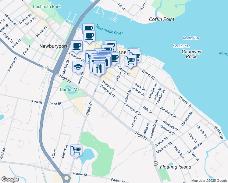 map of restaurants, bars, coffee shops, grocery stores, and more near 25 Temple Street in Newburyport