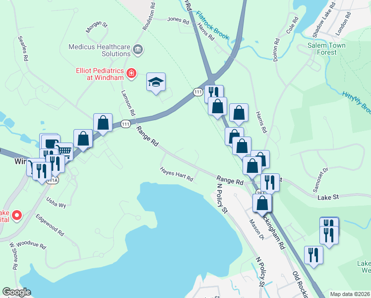map of restaurants, bars, coffee shops, grocery stores, and more near 24B Range Road in Windham