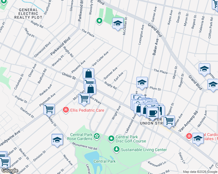 map of restaurants, bars, coffee shops, grocery stores, and more near 1698 Rugby Road in Schenectady