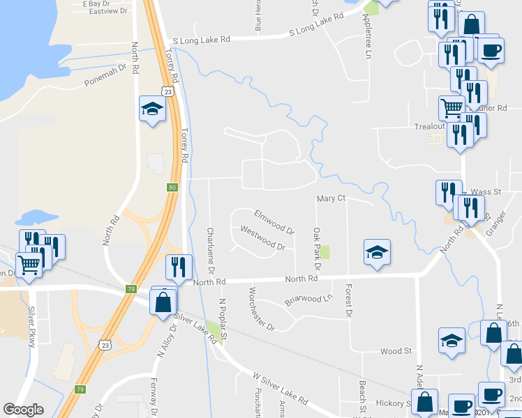 map of restaurants, bars, coffee shops, grocery stores, and more near 752 Elmwood Drive in Fenton