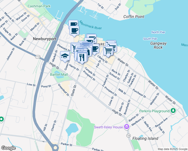 map of restaurants, bars, coffee shops, grocery stores, and more near 43 Fair Street in Newburyport