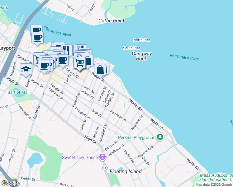 map of restaurants, bars, coffee shops, grocery stores, and more near 163 Water Street in Newburyport
