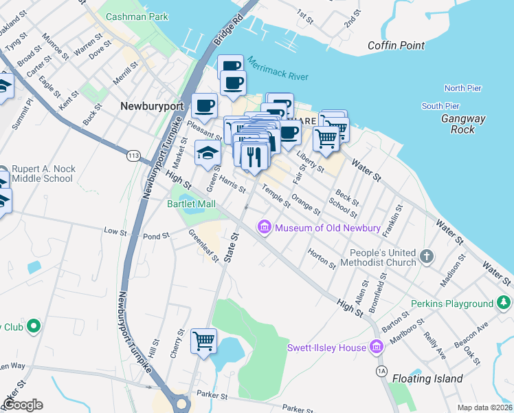 map of restaurants, bars, coffee shops, grocery stores, and more near 5 Prospect Street in Newburyport