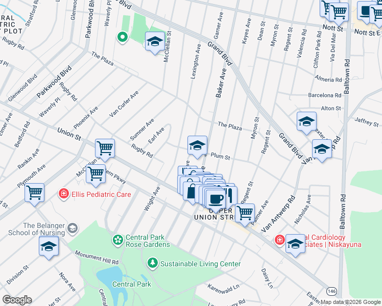 map of restaurants, bars, coffee shops, grocery stores, and more near 1102 Lexington Avenue in Schenectady