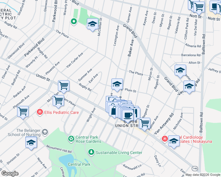 map of restaurants, bars, coffee shops, grocery stores, and more near 1102 Lexington Avenue in Schenectady
