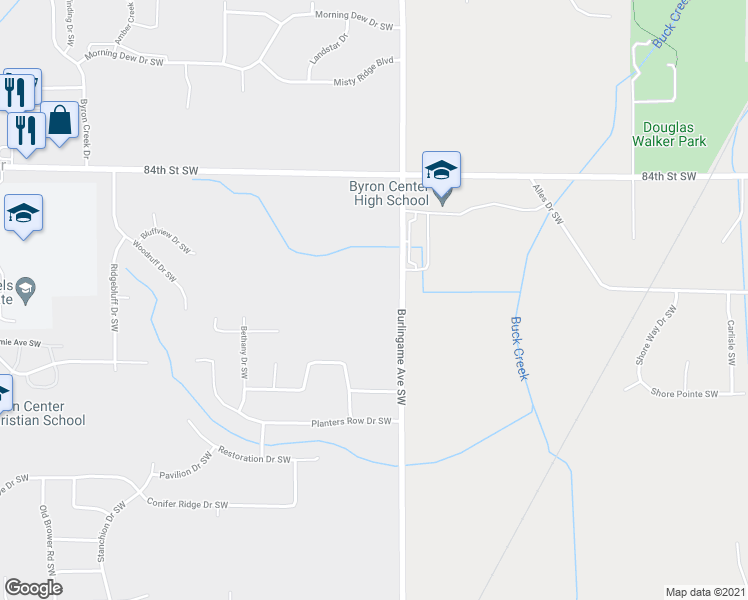 map of restaurants, bars, coffee shops, grocery stores, and more near 8661 Burlingame Avenue Southwest in Byron Center