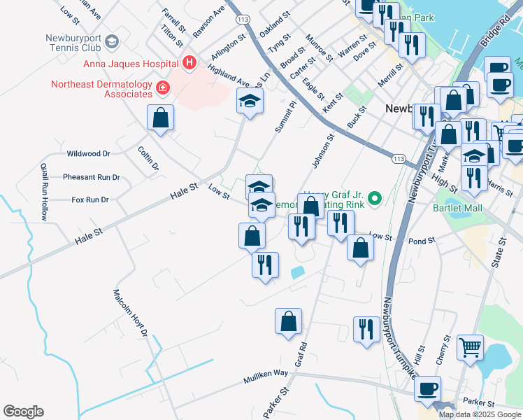 map of restaurants, bars, coffee shops, grocery stores, and more near 70 Low Street in Newburyport