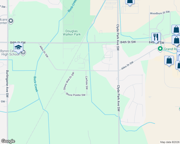 map of restaurants, bars, coffee shops, grocery stores, and more near 8602 Carlisle Southwest in Byron Center
