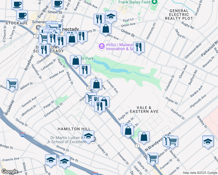 map of restaurants, bars, coffee shops, grocery stores, and more near 25 Chestnut Street in Schenectady