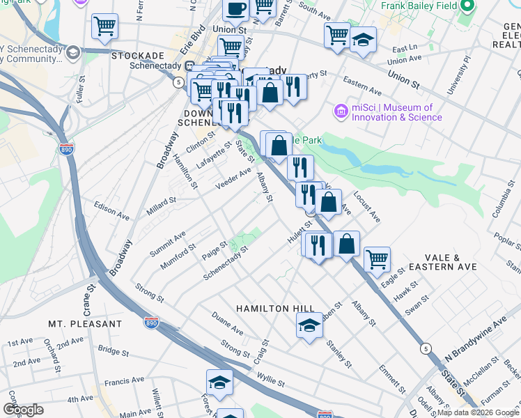 map of restaurants, bars, coffee shops, grocery stores, and more near 738 Albany Street in Schenectady