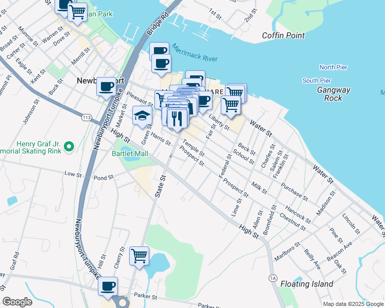 map of restaurants, bars, coffee shops, grocery stores, and more near 25 Temple Street in Newburyport