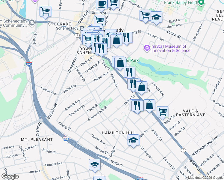 map of restaurants, bars, coffee shops, grocery stores, and more near 738 Albany Street in Schenectady