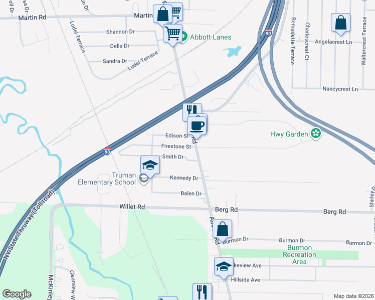 map of restaurants, bars, coffee shops, grocery stores, and more near 176 Firestone Street in Lackawanna