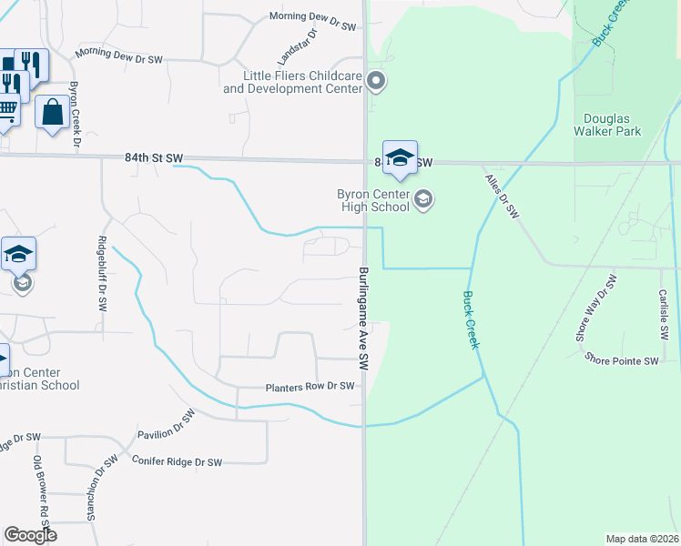 map of restaurants, bars, coffee shops, grocery stores, and more near 8661 Burlingame Avenue Southwest in Byron Center